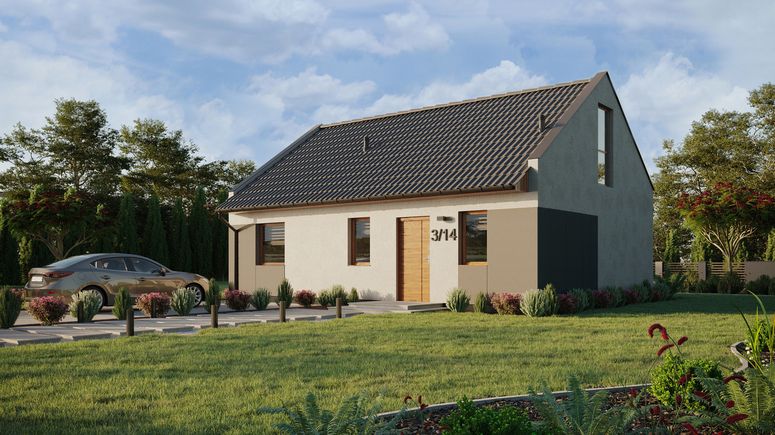 ERDOL 1 XL - Version Links (Wohnzimmer auf der linken Seite) - Modernes Satteldach mit Dachgeschoss -Dachneigung 35 Grad - Treppe im Wohnzimmer - Zwei-Zimmer-Dachfenster - Balkontür im Esszimmer und Bodentiefe Fenster im Dachgeschoss - Styropor, Netz, Kleber - Goldene Eiche - Ohne