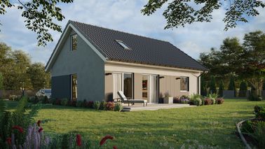 ERDOL 1 XL - Version Rechts (Wohnzimmer auf der rechten Seite) - Satteldach mit Dachgeschoss -Dachneigung 35 Grad - Treppe in Treppenhaus - Dachfenster für Zimmer und Badezimmer - Balkontür im Esszimmer - Styropor, Netz, Kleber - Weiß - Ohne