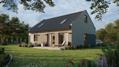 ERDOL 1 XL - Version Links (Wohnzimmer auf der linken Seite) - Modernes Satteldach mit Dachgeschoss -Dachneigung 35 Grad - Treppe in Treppenhaus - Zwei-Zimmer-Dachfenster - Standard - Styropor, Netz, Kleber - Goldene Eiche - Photovoltaik-Installation 4,8 kWp (12 Paneele)