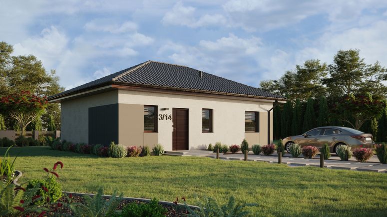 ERDOL 1 XL - Version Rechts (Wohnzimmer auf der rechten Seite) - Walmdach ohne Dachgeschoss- Dachneigung 25 Grad - keine Dachfenster - Standard - Styropor, Netz, Kleber - Nusbaum