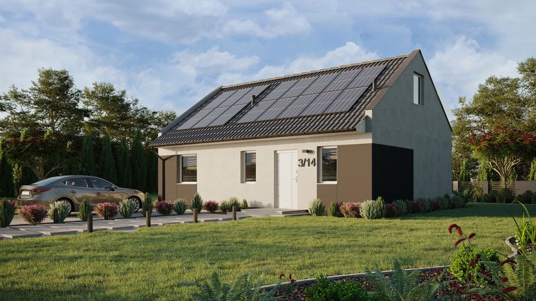 ERDOL 1 XL - Version Links (Wohnzimmer auf der linken Seite) - Modernes Satteldach mit Dachgeschoss -Dachneigung 35 Grad - Treppe im Wohnzimmer - keine Dachfenster - Standard - Styropor, Netz, Kleber - Weiß - Photovoltaik-Installation 6,4 kWp (16 Paneele)