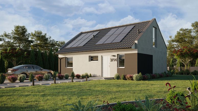 ERDOL 1 XL - Version Links (Wohnzimmer auf der linken Seite) - Modernes Satteldach mit Dachgeschoss -Dachneigung 35 Grad - Treppe in Treppenhaus - Zwei-Zimmer-Dachfenster - Bodentiefe Fenster im Dachgeschoss - Styropor, Netz, Kleber - Weiß - Photovoltaik-Installation 4,8 kWp (12 Paneele)