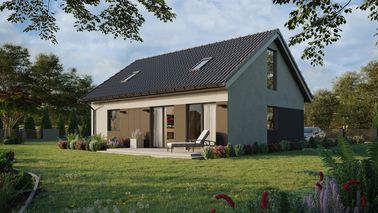 ERDOL 1 XL - Version Links (Wohnzimmer auf der linken Seite) - Satteldach mit Dachgeschoss -Dachneigung 35 Grad - Treppe im Wohnzimmer - Zwei-Zimmer-Dachfenster - Bodentiefe Fenster im Dachgeschoss - Styropor, Netz, Kleber - Anthrazit - Photovoltaik-Installation 6,4 kWp (16 Paneele)