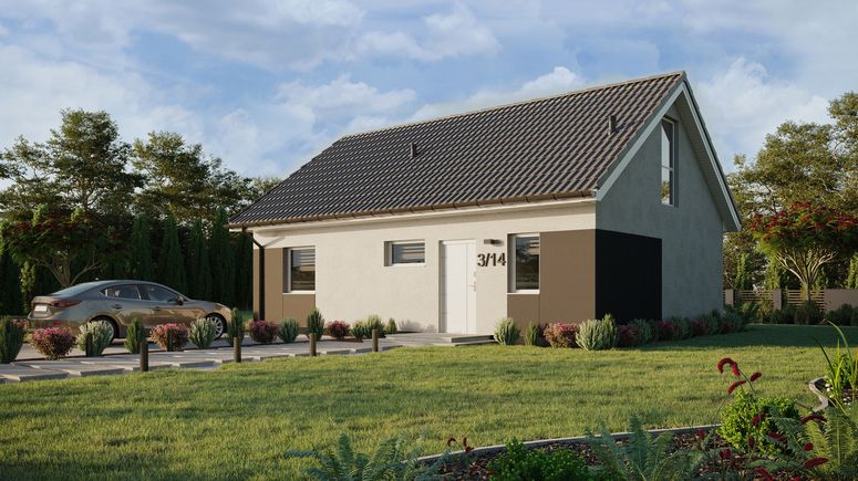 ERDOL 1 XL - Version Links (Wohnzimmer auf der linken Seite) - Satteldach mit Dachgeschoss -Dachneigung 35 Grad - Treppe in Treppenhaus - keine Dachfenster - Bodentiefe Fenster im Dachgeschoss - Styropor, Netz, Kleber - Weiß - Ohne