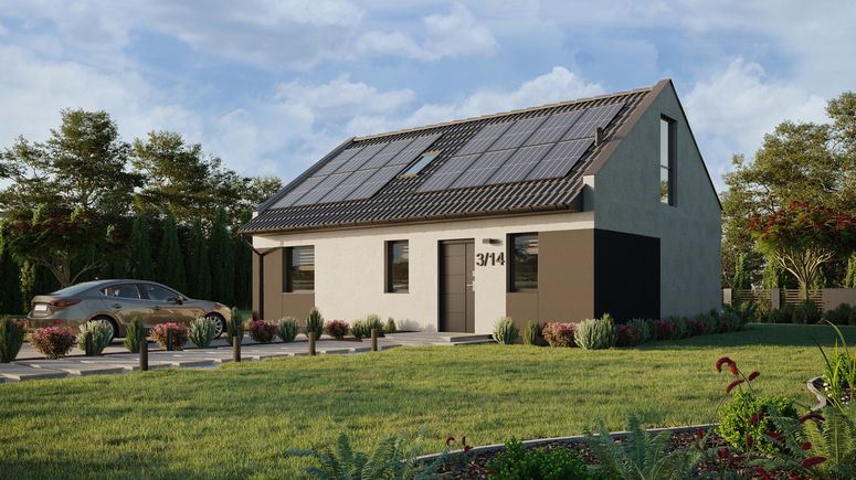 ERDOL 1 XL - Version Links (Wohnzimmer auf der linken Seite) - Modernes Satteldach mit Dachgeschoss -Dachneigung 35 Grad - Treppe im Wohnzimmer - Dachfenster für Zimmer und Badezimmer - Bodentiefe Fenster im Dachgeschoss - Styropor, Netz, Kleber - Anthrazit - Photovoltaik-Installation 6,4 kWp (16 Paneele)