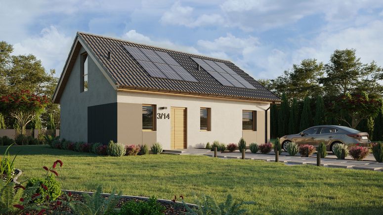 ERDOL 1 XL - Version Rechts (Wohnzimmer auf der rechten Seite) - Satteldach mit Dachgeschoss -Dachneigung 35 Grad - Treppe im Wohnzimmer - keine Dachfenster - Balkontür im Esszimmer und Bodentiefe Fenster im Dachgeschoss - Styropor, Netz, Kleber - Winchester - Photovoltaik-Installation 4,8 kWp (12 Paneele)