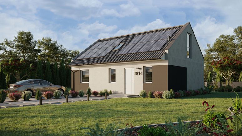 ERDOL 1 XL - Version Links (Wohnzimmer auf der linken Seite) - Modernes Satteldach mit Dachgeschoss -Dachneigung 35 Grad - Treppe im Wohnzimmer - Dachfenster für Zimmer und Badezimmer - Bodentiefe Fenster im Dachgeschoss - Styropor, Netz, Kleber - Weiß - Photovoltaik-Installation 6,4 kWp (16 Paneele)