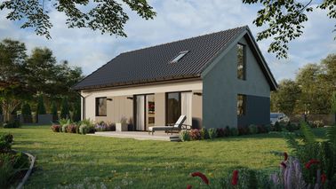 ERDOL 1 XL - Version Links (Wohnzimmer auf der linken Seite) - Satteldach mit Dachgeschoss -Dachneigung 35 Grad - Treppe im Wohnzimmer - Dachfenster für Zimmer und Badezimmer - Bodentiefe Fenster im Dachgeschoss - Styropor, Netz, Kleber - Nusbaum - Ohne