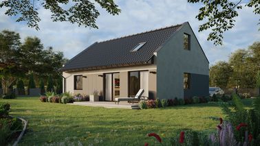 ERDOL 1 XL - Version Links (Wohnzimmer auf der linken Seite) - Modernes Satteldach mit Dachgeschoss -Dachneigung 35 Grad - Treppe in Treppenhaus - Dachfenster für Zimmer und Badezimmer - Standard - Styropor, Netz, Kleber - Nusbaum - Photovoltaik-Installation 4,8 kWp (12 Paneele)