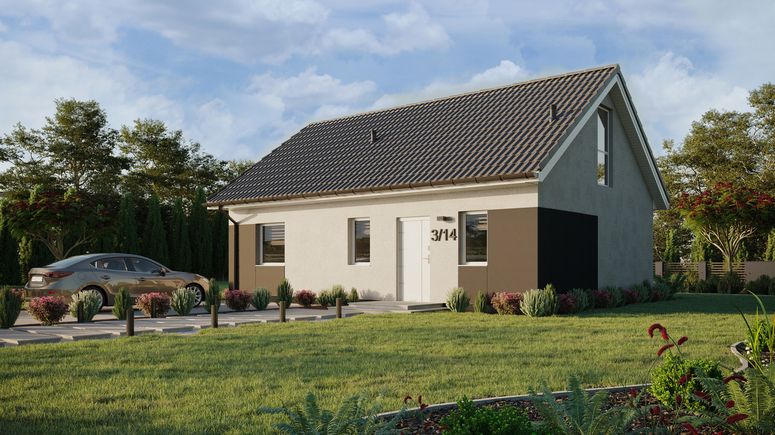 ERDOL 1 XL - Version Links (Wohnzimmer auf der linken Seite) - Satteldach mit Dachgeschoss -Dachneigung 35 Grad - Treppe im Wohnzimmer - keine Dachfenster - Balkontür im Esszimmer und Bodentiefe Fenster im Dachgeschoss - Styropor, Netz, Kleber - Weiß - Ohne