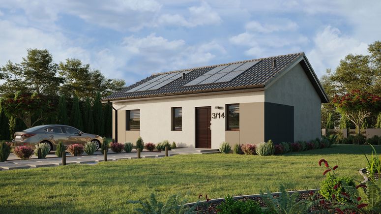 ERDOL 1 XL - Version Links (Wohnzimmer auf der linken Seite) - Satteldach ohne Dachgeschoss - Dachneigung 25 Grad - keine Dachfenster - Standard - Styropor, Netz, Kleber - Nusbaum - Photovoltaik-Installation 4,8 kWp (12 Paneele)