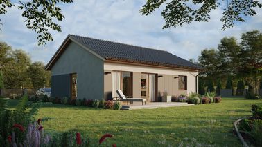 ERDOL 1 XL - Version Rechts (Wohnzimmer auf der rechten Seite) - Satteldach ohne Dachgeschoss - Dachneigung 25 Grad - keine Dachfenster - Balkontür im Esszimmer - Styropor, Netz, Kleber - Goldene Eiche - Ohne