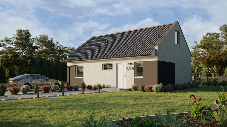 ERDOL 1 XL - Version Links (Wohnzimmer auf der linken Seite) - Modernes Satteldach mit Dachgeschoss -Dachneigung 35 Grad - Treppe in Treppenhaus - keine Dachfenster - Standard - Styropor, Netz, Kleber - Weiß - Ohne