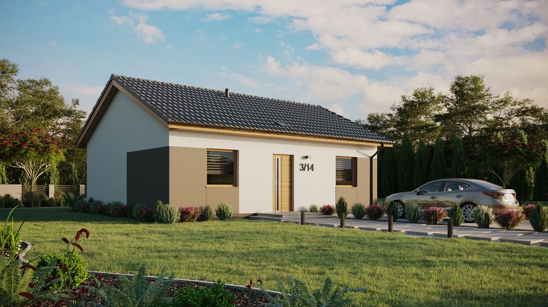 ERDOL 2 - Version Rechts (Wohnzimmer auf der rechten Seite) - Satteldach ohne Dachgeschoss - Dachneigung 25 Grad - Starres Tunneldachfenster - Balkontür im Esszimmer - Styropor, Netz, Kleber - Winchester - Ohne