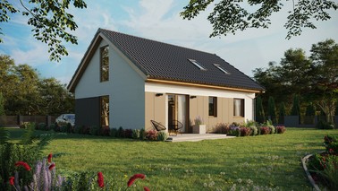 ERDOL 2 - Version Rechts (Wohnzimmer auf der rechten Seite) - Satteldach mit Dachgeschoss -Dachneigung 35 Grad - Dachfenster für Zimmer und Badezimmer - Balkontür im Esszimmer und Bodentiefe Fenster im Dachgeschoss - Styropor, Netz, Kleber - Winchester - Ohne