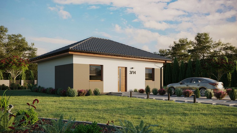 ERDOL 2 - Version Rechts (Wohnzimmer auf der rechten Seite) - Walmdach ohne Dachgeschoss- Dachneigung 25 Grad - keine Dachfenster - Standard - Styropor, Netz, Kleber - Goldene Eiche