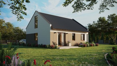 ERDOL 2 - Version Rechts (Wohnzimmer auf der rechten Seite) - Modernes Satteldach mit Dachgeschoss -Dachneigung 35 Grad - keine Dachfenster - Bodentiefe Fenster im Dachgeschoss - Styropor, Netz, Kleber - Goldene Eiche - Ohne