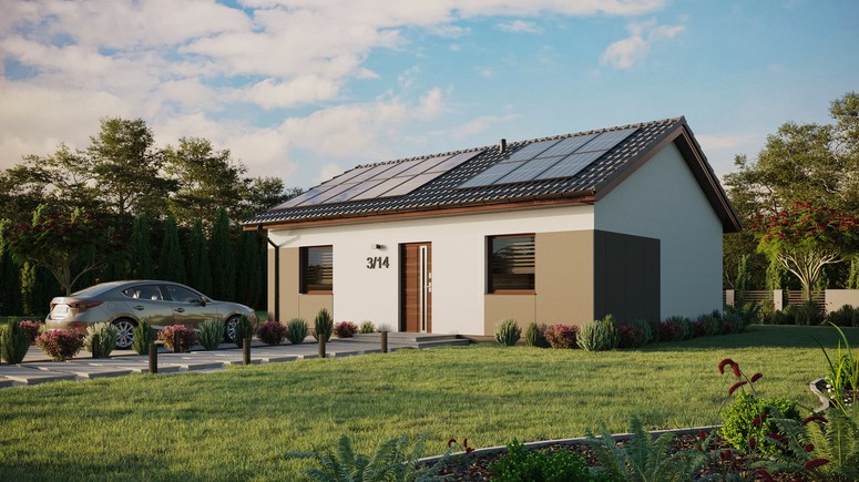 ERDOL 2 - Version Links (Wohnzimmer auf der linken Seite) - Satteldach ohne Dachgeschoss - Dachneigung 25 Grad - keine Dachfenster - Standard - Styropor, Netz, Kleber - Nusbaum - Photovoltaik-Installation 6,4 kWp (16 Paneele)