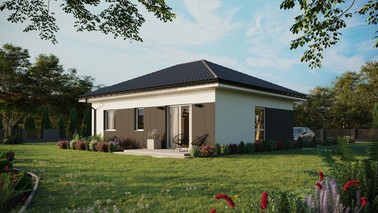 ERDOL 2 - Version Links (Wohnzimmer auf der linken Seite) - Walmdach ohne Dachgeschoss- Dachneigung 25 Grad - keine Dachfenster - Balkontür im Esszimmer - Styropor, Netz, Kleber - Weiß