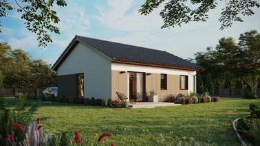 ERDOL 2 - Version Rechts (Wohnzimmer auf der rechten Seite) - Satteldach ohne Dachgeschoss - Dachneigung 25 Grad - keine Dachfenster - Balkontür im Esszimmer - Styropor, Netz, Kleber - Nusbaum - Ohne