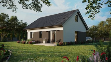 ERDOL 2 - Version Links (Wohnzimmer auf der linken Seite) - Satteldach mit Dachgeschoss -Dachneigung 35 Grad - keine Dachfenster - Balkontür im Esszimmer - Styropor, Netz, Kleber - Anthrazit - Photovoltaik-Installation 4,8 kWp (12 Paneele)