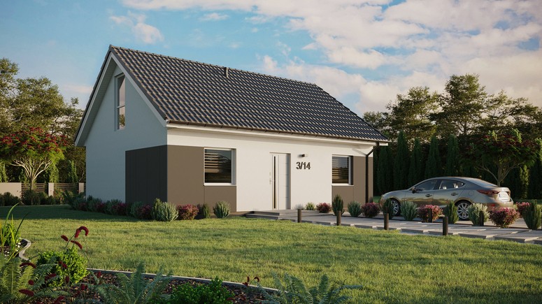 ERDOL 2 - Version Rechts (Wohnzimmer auf der rechten Seite) - Satteldach mit Dachgeschoss -Dachneigung 35 Grad - keine Dachfenster - Bodentiefe Fenster im Dachgeschoss - Styropor, Netz, Kleber - Weiß - Ohne