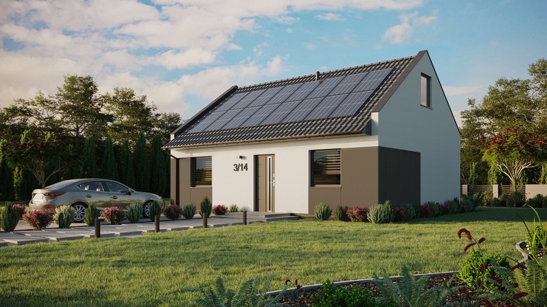 ERDOL 2 - Version Links (Wohnzimmer auf der linken Seite) - Modernes Satteldach mit Dachgeschoss -Dachneigung 35 Grad - keine Dachfenster - Standard - Styropor, Netz, Kleber - Anthrazit - Photovoltaik-Installation 6,4 kWp (16 Paneele)