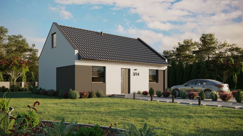 ERDOL 2 - Version Rechts (Wohnzimmer auf der rechten Seite) - Modernes Satteldach mit Dachgeschoss -Dachneigung 35 Grad - keine Dachfenster - Standard - Styropor, Netz, Kleber - Anthrazit - Ohne