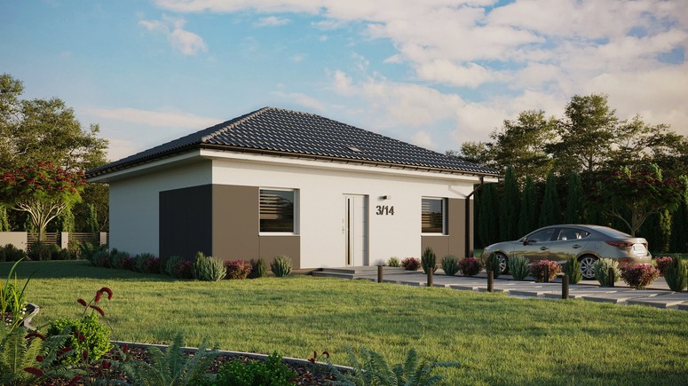 ERDOL 2 - Version Rechts (Wohnzimmer auf der rechten Seite) - Walmdach ohne Dachgeschoss- Dachneigung 25 Grad - Starres Tunneldachfenster - Standard - Styropor, Netz, Kleber - Weiß