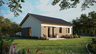 ERDOL 2 - Version Rechts (Wohnzimmer auf der rechten Seite) - Satteldach ohne Dachgeschoss - Dachneigung 25 Grad - keine Dachfenster - Balkontür im Esszimmer - Styropor, Netz, Kleber - Winchester - Ohne