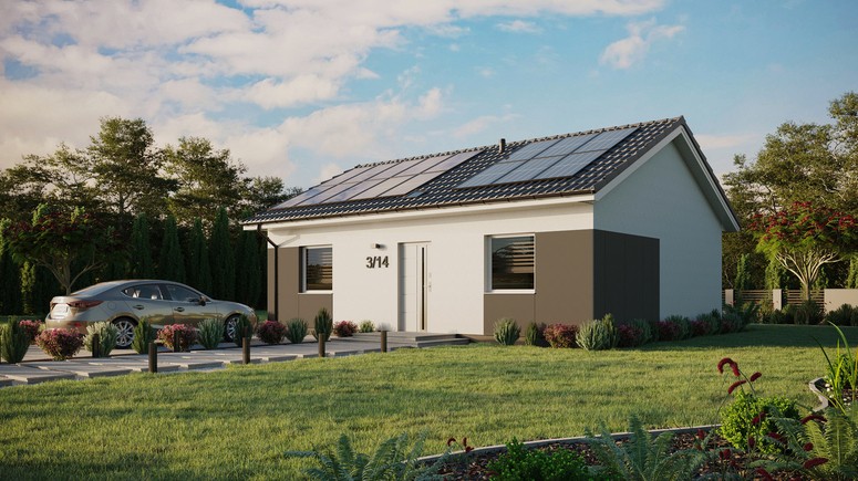 ERDOL 2 - Version Links (Wohnzimmer auf der linken Seite) - Satteldach ohne Dachgeschoss - Dachneigung 25 Grad - Starres Tunneldachfenster - Standard - Styropor, Netz, Kleber - Weiß - Photovoltaik-Installation 6,4 kWp (16 Paneele)