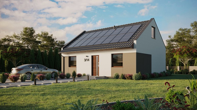 ERDOL 2 - Version Links (Wohnzimmer auf der linken Seite) - Modernes Satteldach mit Dachgeschoss -Dachneigung 35 Grad - keine Dachfenster - Standard - Styropor, Netz, Kleber - Nusbaum - Photovoltaik-Installation 6,4 kWp (16 Paneele)