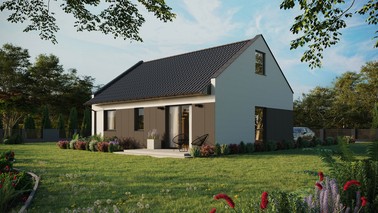 ERDOL 2 - Version Links (Wohnzimmer auf der linken Seite) - Modernes Satteldach mit Dachgeschoss -Dachneigung 35 Grad - keine Dachfenster - Balkontür im Esszimmer - Styropor, Netz, Kleber - Anthrazit - Photovoltaik-Installation 6,4 kWp (16 Paneele)