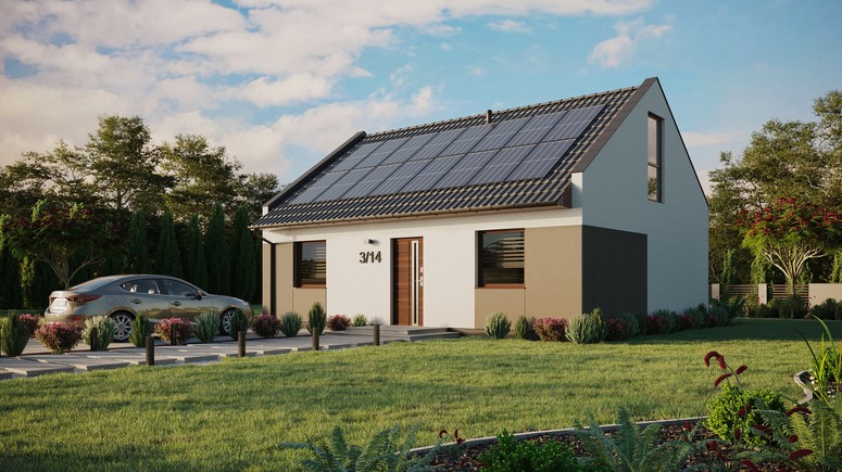 ERDOL 2 - Version Links (Wohnzimmer auf der linken Seite) - Modernes Satteldach mit Dachgeschoss -Dachneigung 35 Grad - keine Dachfenster - Balkontür im Esszimmer und Bodentiefe Fenster im Dachgeschoss - Styropor, Netz, Kleber - Nusbaum - Photovoltaik-Installation 6,4 kWp (16 Paneele)