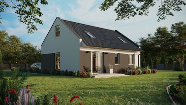 ERDOL 2 - Version Rechts (Wohnzimmer auf der rechten Seite) - Modernes Satteldach mit Dachgeschoss -Dachneigung 35 Grad - Zwei-Zimmer-Dachfenster - Balkontür im Esszimmer - Styropor, Netz, Kleber - Weiß - Ohne