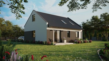 ERDOL 2 - Version Rechts (Wohnzimmer auf der rechten Seite) - Modernes Satteldach mit Dachgeschoss -Dachneigung 35 Grad - Dachfenster für Zimmer und Badezimmer - Standard - Styropor, Netz, Kleber - Anthrazit - Ohne