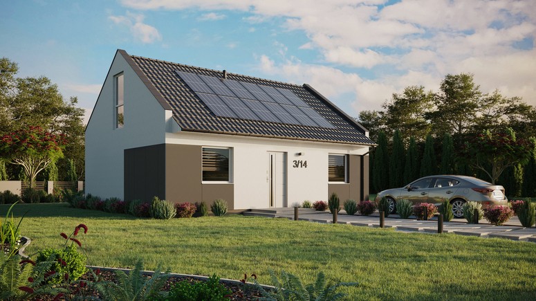 ERDOL 2 - Version Rechts (Wohnzimmer auf der rechten Seite) - Modernes Satteldach mit Dachgeschoss -Dachneigung 35 Grad - keine Dachfenster - Balkontür im Esszimmer und Bodentiefe Fenster im Dachgeschoss - Styropor, Netz, Kleber - Weiß - Photovoltaik-Installation 4,8 kWp (12 Paneele)