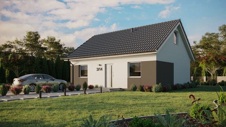 ERDOL 2 - Version Links (Wohnzimmer auf der linken Seite) - Satteldach mit Dachgeschoss -Dachneigung 35 Grad - keine Dachfenster - Standard - Styropor, Netz, Kleber - Weiß - Ohne