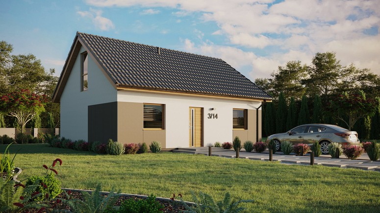 ERDOL 2 - Version Rechts (Wohnzimmer auf der rechten Seite) - Satteldach mit Dachgeschoss -Dachneigung 35 Grad - keine Dachfenster - Bodentiefe Fenster im Dachgeschoss - Styropor, Netz, Kleber - Winchester - Ohne