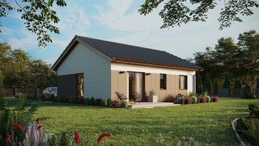 ERDOL 2 - Version Rechts (Wohnzimmer auf der rechten Seite) - Satteldach ohne Dachgeschoss - Dachneigung 25 Grad - keine Dachfenster - Balkontür im Esszimmer - Styropor, Netz, Kleber - Goldene Eiche - Ohne