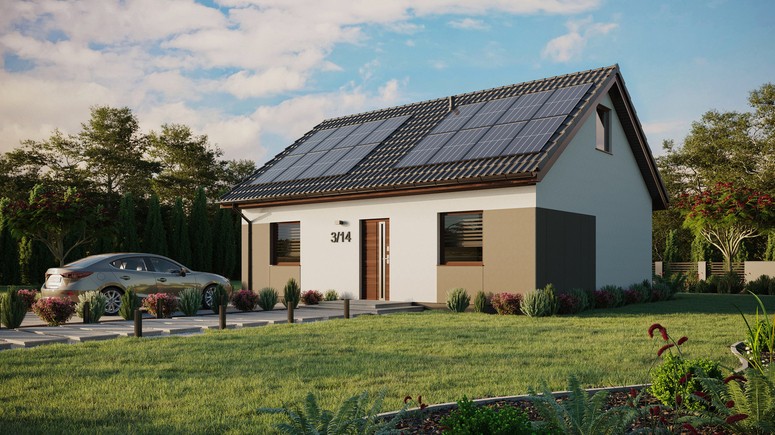 ERDOL 2 - Version Links (Wohnzimmer auf der linken Seite) - Satteldach mit Dachgeschoss -Dachneigung 35 Grad - keine Dachfenster - Standard - Styropor, Netz, Kleber - Nusbaum - Photovoltaik-Installation 6,4 kWp (16 Paneele)