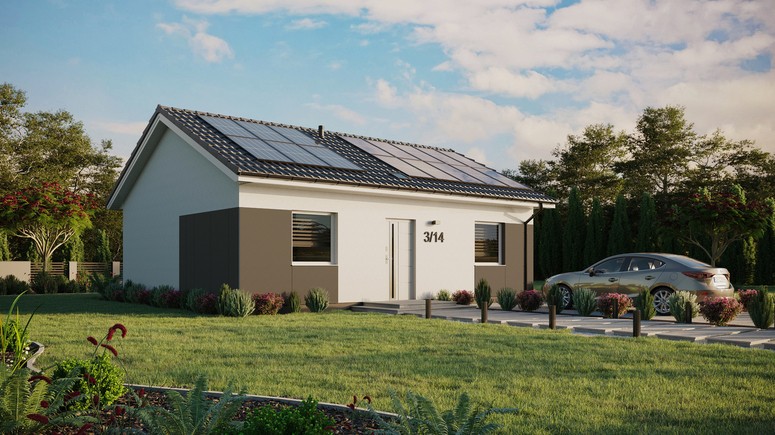 ERDOL 2 - Version Rechts (Wohnzimmer auf der rechten Seite) - Satteldach ohne Dachgeschoss - Dachneigung 25 Grad - Starres Tunneldachfenster - Standard - Styropor, Netz, Kleber - Weiß - Photovoltaik-Installation 6,4 kWp (16 Paneele)