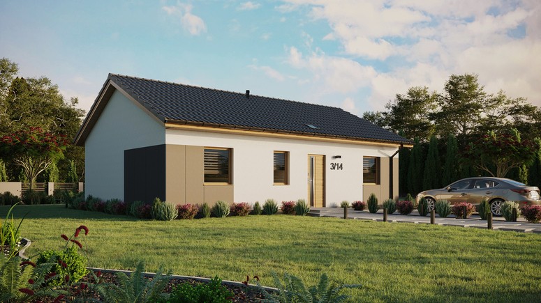 ERDOL 3 - Version Rechts (Wohnzimmer auf der rechten Seite) - Satteldach ohne Dachgeschoss - Dachneigung 25 Grad - Starres Tunneldachfenster - Balkontür im Esszimmer - Styropor, Netz, Kleber - Winchester - Ohne