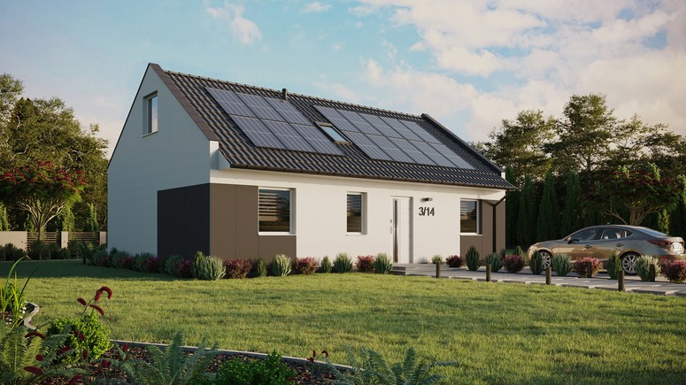 ERDOL 3 - Version Rechts (Wohnzimmer auf der rechten Seite) - Modernes Satteldach mit Dachgeschoss -Dachneigung 35 Grad - Zwei Zimmer-Dachfenster und ein Badezimmer-Dachfenster - Standard - Styropor, Netz, Kleber - Weiß - Photovoltaik-Installation 6,4 kWp (16 Paneele)