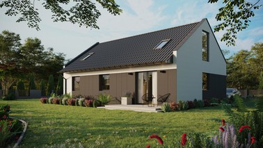 ERDOL 3 - Version Links (Wohnzimmer auf der linken Seite) - Modernes Satteldach mit Dachgeschoss -Dachneigung 35 Grad - Zwei Zimmer-Dachfenster und ein Badezimmer-Dachfenster - Bodentiefe Fenster im Dachgeschoss - Styropor, Netz, Kleber - Anthrazit - Photovoltaik-Installation 4,8 kWp (12 Paneele)