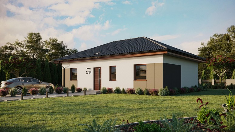 ERDOL 3 - Version Links (Wohnzimmer auf der linken Seite) - Walmdach ohne Dachgeschoss- Dachneigung 25 Grad - Starres Tunneldachfenster - Standard - Styropor, Netz, Kleber - Nusbaum