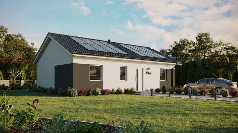 ERDOL 3 - Version Rechts (Wohnzimmer auf der rechten Seite) - Satteldach ohne Dachgeschoss - Dachneigung 25 Grad - Keine Dachfenster - Standard - Styropor, Netz, Kleber - Weiß - Photovoltaik-Installation 6,4 kWp (16 Paneele)