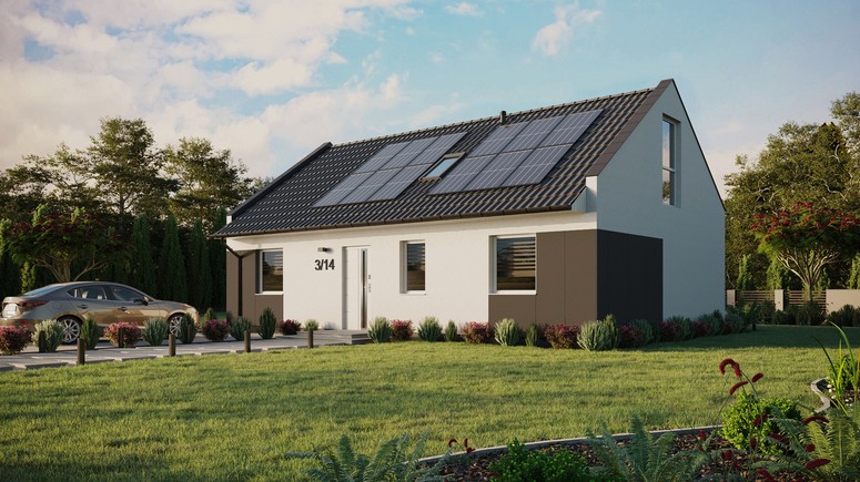 ERDOL 3 - Version Links (Wohnzimmer auf der linken Seite) - Modernes Satteldach mit Dachgeschoss -Dachneigung 35 Grad - Dachfenster für Zimmer und Badezimmer - Balkontür im Esszimmer und Bodentiefe Fenster im Dachgeschoss - Styropor, Netz, Kleber - Weiß - Photovoltaik-Installation 4,8 kWp (12 Paneele)