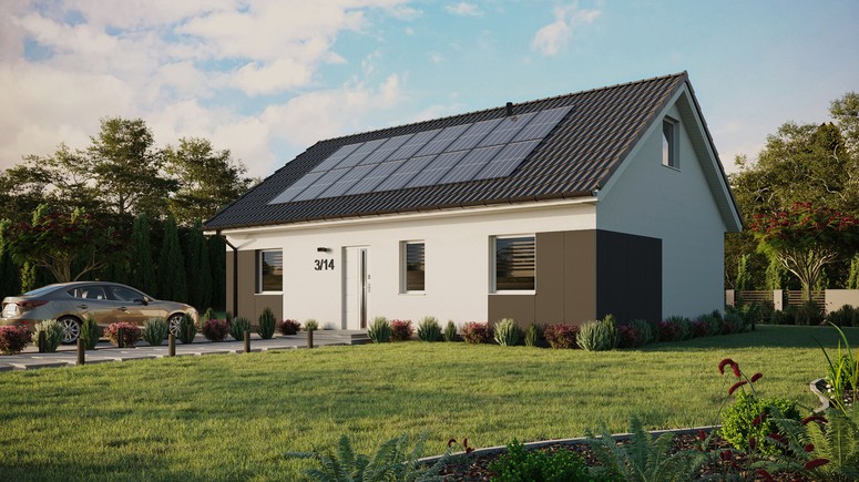 ERDOL 3 - Version Links (Wohnzimmer auf der linken Seite) - Satteldach mit Dachgeschoss -Dachneigung 35 Grad - Keine Dachfenster - Standard - Styropor, Netz, Kleber - Weiß - Photovoltaik-Installation 6,4 kWp (16 Paneele)