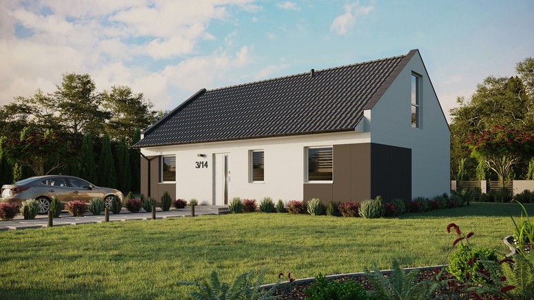 ERDOL 3 - Version Links (Wohnzimmer auf der linken Seite) - Modernes Satteldach mit Dachgeschoss -Dachneigung 35 Grad - Keine Dachfenster - Balkontür im Esszimmer und Bodentiefe Fenster im Dachgeschoss - Styropor, Netz, Kleber - Weiß - Ohne